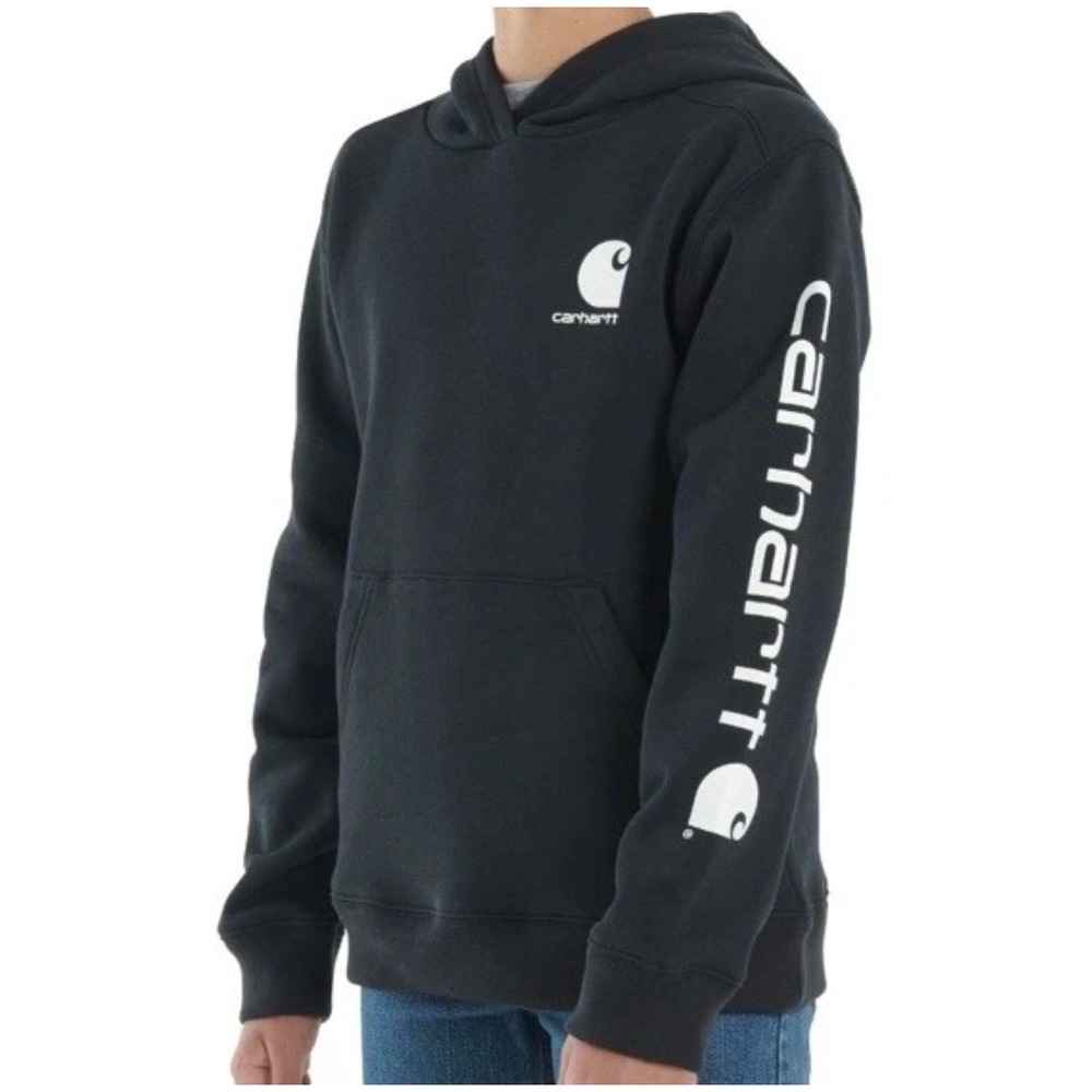 Carhartt Boys LS Graphic Hooded Sweatshirt Caviar Black Logo Hoodie L 14/16 NEW